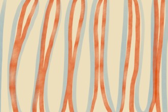 Abstract art featuring orange and blue wavy lines on a beige background. The hand-drawn design
