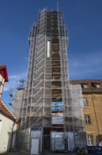 Scaffolding on the tower of the baroque St Boniface's Church, Weißenohe, Upper Franconia, Bavaria,