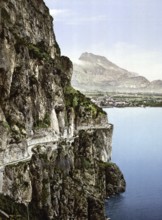 Ponale road and view of Riva, Lake Garda, Italy, Historical, digitally restored reproduction from a