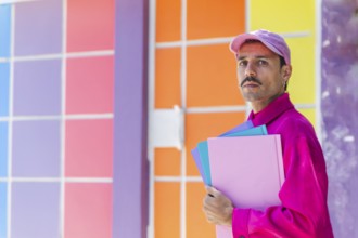 A young Spanish Caucasian man with a mustache, dressed in vibrant pink clothing, holding folders