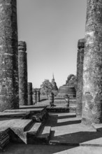 Historic Buddhist temple complex Wat Mahathat, historical park, black and white photo, Sukhothai,