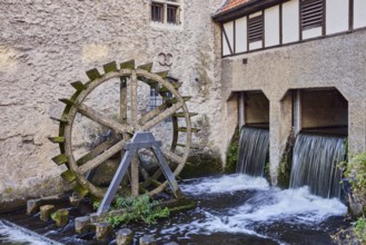 Mühlenstever, Stever river, Borgmühle watermill, historic waterwheel, flowing water surface,