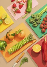 A colorful display of fresh fruits and vegetables on bright cutting boards, showcasing ingredients