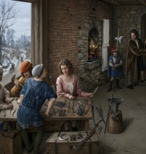 At the swordsweeper and cutler in 1506, symbolic image of the Middle Ages, history, guild, craft,