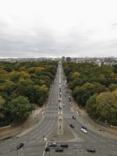 Street lined with trees and cars under a cloudy sky in a city, view from Victory Column, Berlin