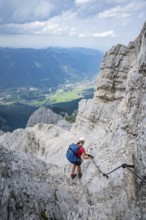 Climber on the Alpspitz via ferrata, via ferrata in the Wetterstein mountains, Bavaria, Germany