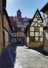 Half-timbered houses in Finkenherd with Schlossberg, alley in the old town centre of the World