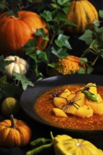 Pumpkin, goulash with artificial spiders and green leaf decorations, autumnal Halloween atmosphere,