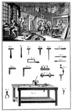 Historical illustration, workshop making musical instruments, 17th century
