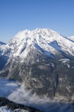 View of sea of clouds and snow-covered mountains, mountain panorama with Watzmann, from the Jenner,