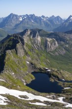 Mountains and fjord landscape, view from the summit of Rundfjellet, Lake Hellskarvatnet, Svolvaer,