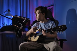 A young guitarist energetically sings into a microphone in a cozy home studio. The ambient lighting