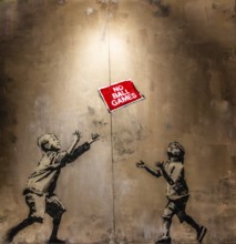 Banksy - No Ball Games, children obey and break the rules at the same time, 2009, Tottenham,