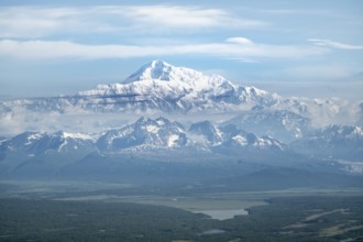 Aerial view, Mt Denali with river and forest, Alaska Range, Denali National Park, Alaska, USA