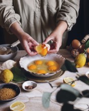 A person cracks eggs into a bowl on a table surrounded by lemons, brown sugar, and spices,
