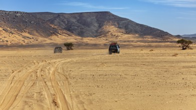 Two vehicles leave tracks on a large, flat expanse of sand near the mountains, With off-road