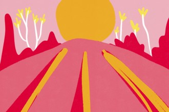 Illustration of a stylized sunset with vibrant pink and red landscape. The image features abstract
