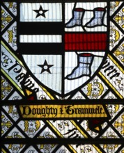 Stained glass window Doughty family crest by Thomas Willement c 1843, Theberton church, Suffolk,
