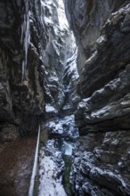 Winter, snowy landscape, icicles, river Breitach and hiking trail through the Breitachklamm gorge