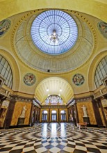 Foyer with glass dome in the spa hotel and Casino in the evening, Wiesbaden, Hesse, Germany