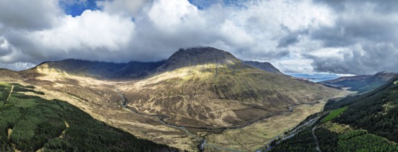 Panorama of Fairy Pools and Waterfalls from a drone, Glen Brittle, Black Cuillin, Isle of Skye,