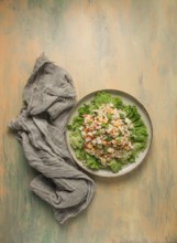 Canned corn salad, with crab sticks, top view, no people