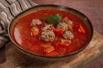 Romanian soup with meatballs, vegetable soup with meatballs, homemade, no people