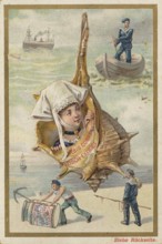 Picture series Situations by the sea, shell, fisherman, Liebig picture, digitally restored