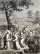 Feeding the multitude, New Testament, steel engraving 1853, digitally restored