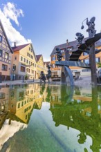 Reflection of traditional houses in a decorative water basin with sculptures under a blue sky, Weil