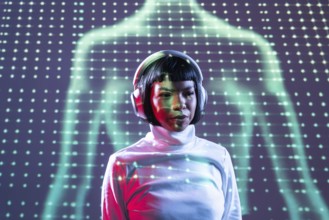A futuristic Latin woman immersed in music, wearing headphones, against a backdrop of neon lights.