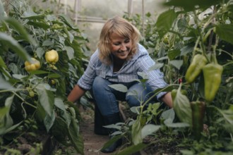 A woman enjoys tending to her lush vegetable greenhouse, surrounded by vibrant green plants and