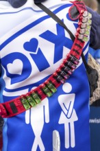 Rose Monday procession in Düsseldorf, parade costume, mobile toilet, Dixieklo, with schnapps belt,