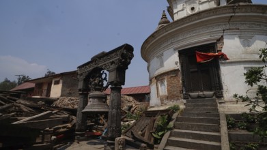 Temple with severe cracks among rubble, destruction after the earthquake, Durbar Square, Kathmandu,