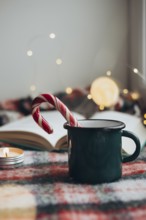 Cozy Christmas setting featuring a steaming mug and a candy cane resting on an open book,