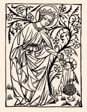 Saint Dorothy, Dorothea of Caesarea with the Christ-child, wood engraving, 1410