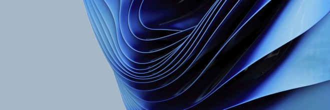 An abstract image featuring smooth, blue waves creating a dynamic and fluid structure. The elegant