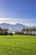 Landscape with lake, grassy meadow and mountains in the background, under a clear blue sky, wooden