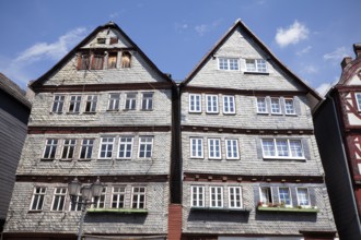 Restored and not yet restored houses, Kornmarkt grain market, historic old town of Herborn, Hesse,