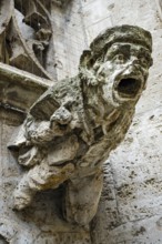 Sculpture of a male figure as a gargoyle, neo-Gothic architectural detail in the inner courtyard of