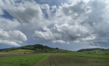 Cluster clouds (cumulus) over the landscape in the southern Carpathian Arc, Romania