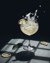 A vibrant gin tonic cocktail with lemon slices splashes in a crystal glass. Sunlight creates a