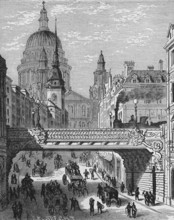 Street in the centre of London with St. Paul's Cathedral, St. Paul's Cathedral, dome, horse-drawn