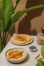 Aesthetic presentation of hummus topped with paprika and seeds, set against a natural background