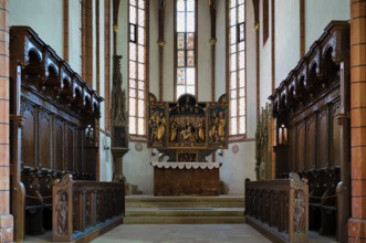 Interior view, high altar in the choir, choir stalls, winged altar, Lutheran town church, Bad