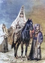 Bride in Kyrgyzstan, coloured wood engraving, reproduction of a model from ca 1888, historical,