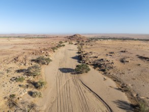 Aerial view, dry riverbed and desert landscape at Ugab River, Erongo, Damaraland, Namibia