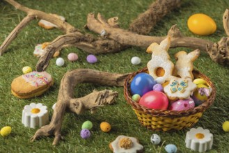 An Easter basket with cookies and eggs in a meadow surrounded by wooden decorations