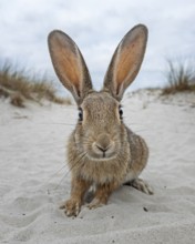 European rabbit (Oryctolagus cuniculus) in sand dune, curious and interested, dune landscape,
