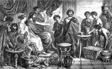 Alcinous, the ruler of the Phaiacians honoring Odysseus, Homer's Odyssey